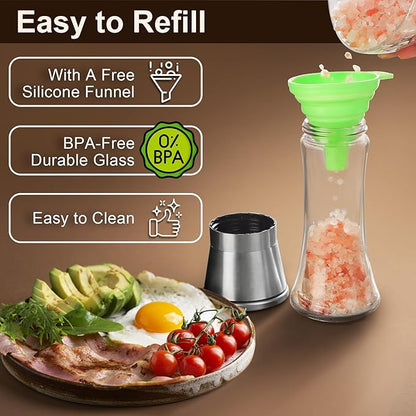 Salt and Pepper Grinder Set - Stainless Steel Refillable Salt & Peppercorn Shakers (2.6"W x 7.5"H - 2 Pack with Holder) - Image 6