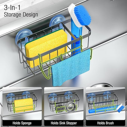 3-in-1 Kitchen Sink Caddy Organizer with Sponge Holder, Brush Holder, Extra Rack for Scrubber, Sink Stopper, Dish Cloth Hanger - Strong Dual Suction Cup, 2.0mm SUS304 Stainless Steel - Grey