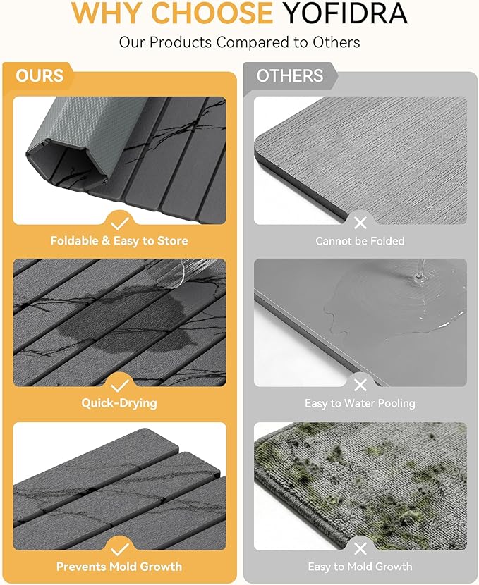 Yofidra Large Stone Dish Drying Mat for Kitchen Counter, Quick Dry Stone Mats with Absorbent Diatomaceous Earth, Foldable Roll Up Drying Organizer Pad for Utensils Plate, 24"×16", Dark Gray Marble - Image 6