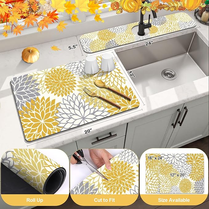 Findosom 2PCS 12" x 20" Fall Dish Drying Mat & 24" x 5.5" Sink Splash Guard, Super Absorbent & Cuttable Dish Mat Drying Kitchen Mat with Yellow Floral, Hide Stain Drying Mat for Kitchen Counter - Image 2