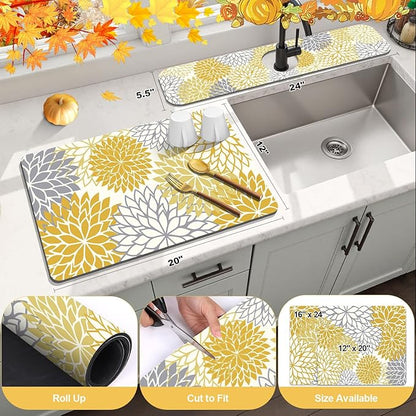 Findosom 2PCS 12" x 20" Fall Dish Drying Mat & 24" x 5.5" Sink Splash Guard, Super Absorbent & Cuttable Dish Mat Drying Kitchen Mat with Yellow Floral, Hide Stain Drying Mat for Kitchen Counter - Image 2
