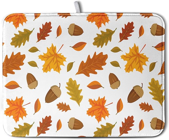 Fall Leaves Dish Drainer Mat - Absorbent Drying Mat for Counter - 18x24 Inch, Orange Maple Leaf Pattern by Kwlegh