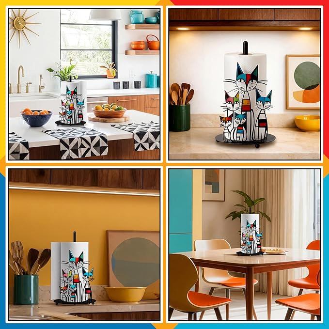 Mid Century Cat Paper Towel Holder Black Metal Paper Towel Holder Retro Decorative Tissue Stand Colorful Mid Century Retro Table Decor for Home Party Bathroom Countertop Dining Table