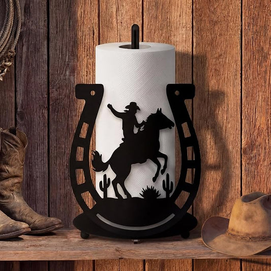 Horseshoe Western Paper Towel Holder Black Metal Farmhouse Napkin Holder Rustic Paper Towel Stand Kitchen Decor Accessories for Derby Horse Racing Decorations Western Farmhouse Decor