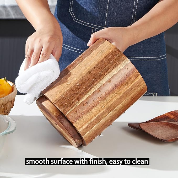 Acacia Wood Utensil Holder for Kitchen Counter, 360° Rotating 7.2" Wooden Cooking Utensil Crock for Countertop, Farmhouse Kitchen Decor - Image 6