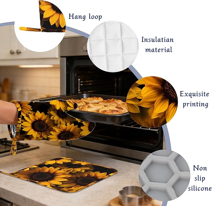 Spring Sunflowers Oven Mitts and Pot Holders Sets of 4 Yellow Flowers Heat Resistant Silicone Oven Mits Gloves Non-Slip Kitchen Mittens Potholders for Cooking Baking Grilling BBQ