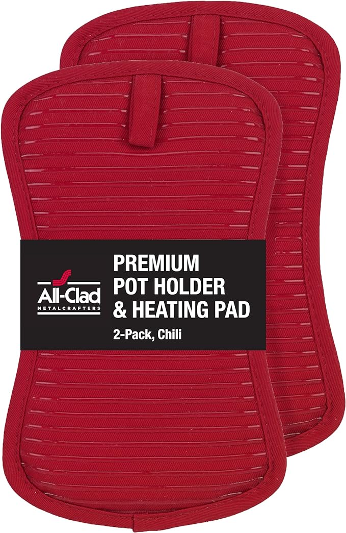 All-Clad Premium Pot Holder & Heating Pad, (2-Pack) Heat Resistant to 500 Degrees, 100% Cotton 10"x6.25" for Kitchen and Barbeque, Chili Red by All-Clad