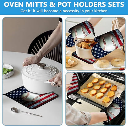 American Flag Baseball Oven Mitts and Pot Holders Sets Heat Resistant 4Pcs Potholders Oven Gloves Hot Pads for Kitchen Baking Cooking Grilling BBQ