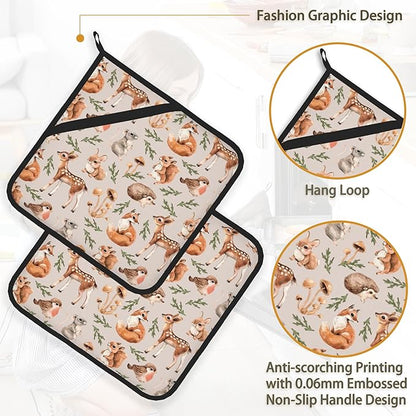 Mushroom Squirrel Deer Hedgehog Pot Holder Set of 2,Heat Resistant Potholders Oven Hot Pads for Kitchen Cooking Baking BBQ