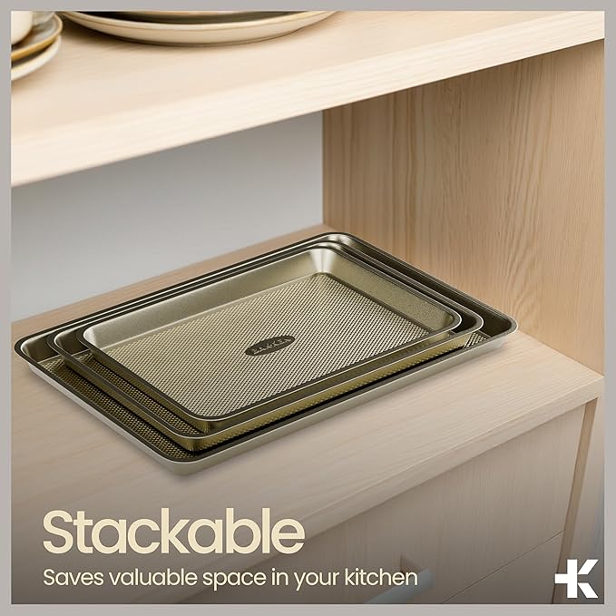 Diamond Bottom Cookie Sheet Set of 3, Nonstick Gold Carbon Steel Baking Pans for Crisp Baking, Space-Saving Stackable Trays, PFOA, PFOS, PTFE Free, Oven Safe Up to 450°F, Small, Medium & Large Sheets - Image 6