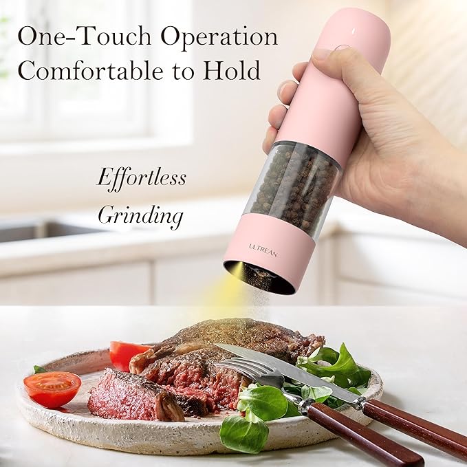 Ultrean Pepper Grinder, Rechargeable Salt and Pepper Grinder with 6 Adjustable Coarseness, LED Light, Automatic Grinder for Kitchen, Cooking Gifts for Women Valentines Day Gifts for Her, Pink - Image 2