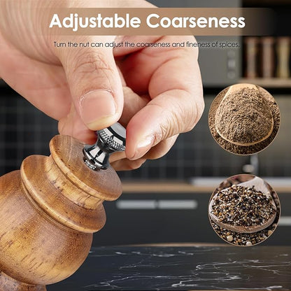 Wooden Salt and Pepper Grinder Set with Wooden Tray and Spoon, 8 Inch Manual Salt and Pepper Mill, Adjustable Coarseness, Refillable with Ceramic Core for Spices, Clear Acrylic Chamber
