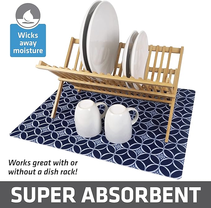 Drymate Jumbo XL Dish Drying Mat (19”x24”), Low-Profile, Super Absorbent, Quick Dry Fabric, Waterproof & Slip-Resistant, for Kitchen Counter, Trimmable, Easy to Clean (USA Made)(Indigo) - Image 2