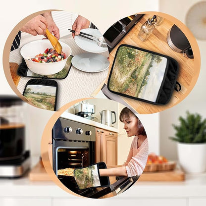 Rustic Wildflower Meadow Pot Holders with Pockets, Cottagecore Country Landscape Oven Pot Holders Heat Resistant Oven Mitts Hot Pads for Kitchen Baking Cooking