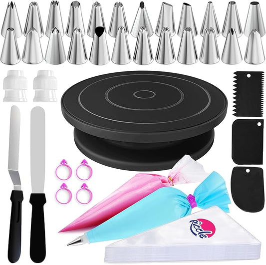 Riccle 88 pcs Cake Decorating Kit with Blue Cake Turntable - Includes 50 Disposable + 2 Reusable Piping Bags and Tips Set, 24 Icing Piping Tips, 2 Spatulas, 3 Icing Comb Scraper (Black) by Riccle