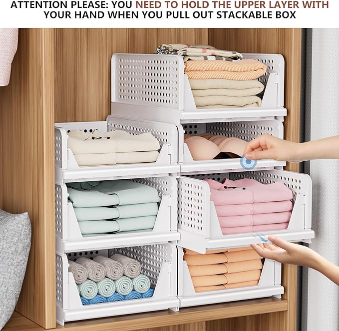 4 Pack Folding Closet Organizers Storage Box, Stackable Storage Bins, Plastic Drawer Basket Closet Storage for Wardrobe Cupboard Kitchen Bathroom Office White-4L - Image 4