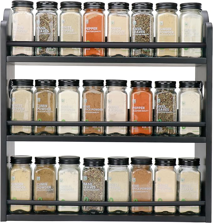 3 Tier Bamboo Spice Rack, Spice Rack Organizer, Seasoning Jars Rack Shelf Spice Organizer for Kitchen Counter or Wall Mounting, Spice Storage Holder with handles, Jars Not Included, Black by Thalomely