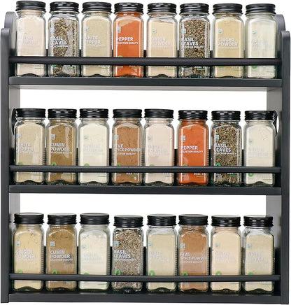 3 Tier Bamboo Spice Rack, Spice Rack Organizer, Seasoning Jars Rack Shelf Spice Organizer for Kitchen Counter or Wall Mounting, Spice Storage Holder with handles, Jars Not Included, Black by Thalomely
