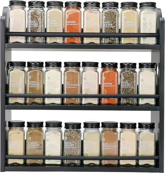 3 Tier Bamboo Spice Rack, Spice Rack Organizer, Seasoning Jars Rack Shelf Spice Organizer for Kitchen Counter or Wall Mounting, Spice Storage Holder with handles, Jars Not Included, Black by Thalomely