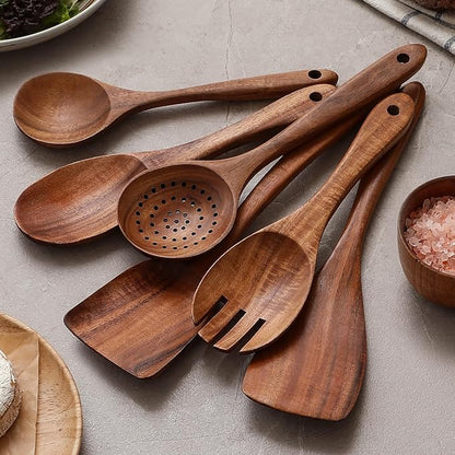 Premium Teak Wooden Spoons for Cooking, 6-Piece Wood Kitchen Utensils Set for Nonstick Cookware - Heat Resistant, Natural Healthy Spatula Set with Hanging Holes - Durable, Scratch-Free & Handcrafted - Image 4