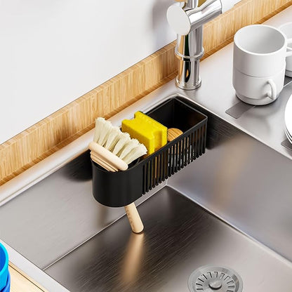 SuoXing Inside Sink Sponge Holder,Black Rustproof Sink Caddy and Scrub Holder for Kitchen Sink with Suction Cup,Adhesive,Plastic Dish Sink Organizer for Scrub Brush,Scrubber,Dish Sponge,Spinge Holder - Image 2