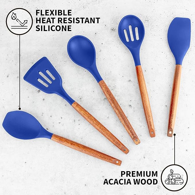 Zulay Kitchen Non-Stick Silicone Cooking Utensils Set with Acacia Wood Handles - 5 Piece Set - Heat Resistant to 464F - Dark Blue - Image 2