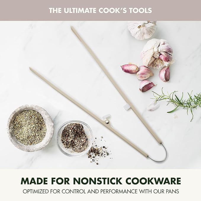 GreenPan Silicone Tong, Cooking Grilling Serving, Salad, Kitchen Utensil, Flexible Rubber Nonstick Cookware, Rigid Steel Core, Heat-Resistant, Anti-Slip Handle, BPA-Free, Dishwasher Safe, Taupe - Image 2