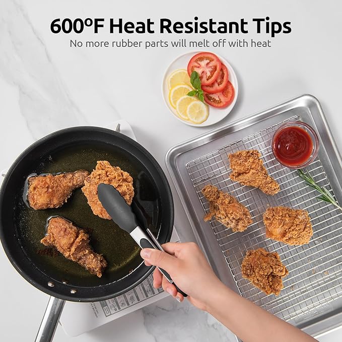 600ºF Heat Resistant Kitchen Tong: U-Taste 7 inch Silicone Cooking Tong with Firm Sealed Non Stick Rubber Tips & Silicon Coated 18/8 Stainless Steel Handle & Smooth Locking for Serving Salad (Black) - Image 3