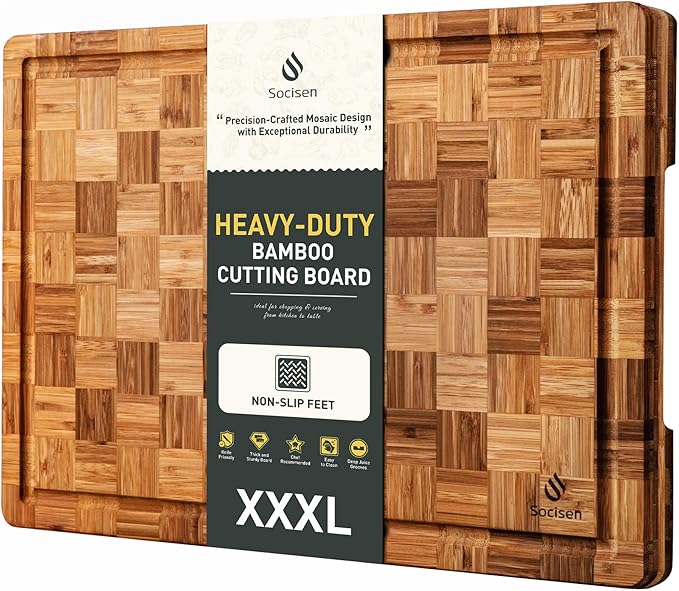XXX Large Bamboo Cutting Board with Non Slip Feet and Over Sink Butcher Block Chopping Board Nice Solid Thick Wooden Juice Groove Huge Big XXl xlarge Best Hardwood Kitchen Counter Organic by Socisen