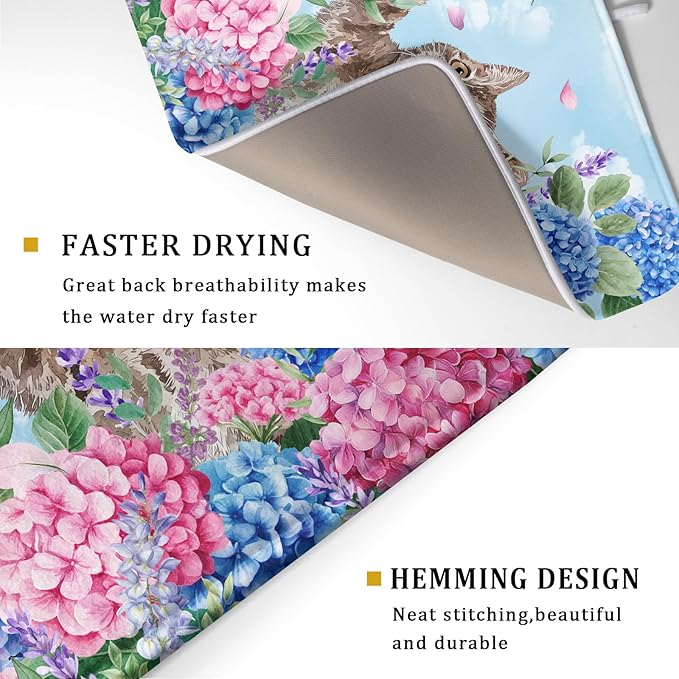 Cute Cat Dish Drying Mats for Kitchen Counter Hydrangea Floral Absorbent Drying Dishes Mat Large 18 X 24 - Image 3