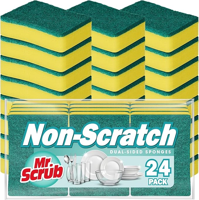 Mr. Scrub Sponges Kitchen Scrub Dish Sponge Scouring Pad, 24 Pack Cleaning Brush Scrubber Supplies for Soap, Dishwashing Dinnerware Sets Pan Pot Towels Cloth Rags Holder Glass Dishwasher Sink Bathroom