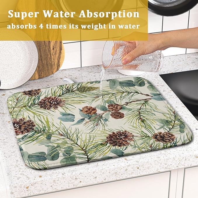 Winter Dish Drying Mat for Kitchen Counter 16x18 Christmas Evergreen Leaves Pinecone Holiday Theme Absorbent Reversible Microfiber Drying Mats Kitchen Countertop Protector Dishes Drainer Pad - Image 7