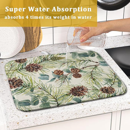 Winter Dish Drying Mat for Kitchen Counter 16x18 Christmas Evergreen Leaves Pinecone Holiday Theme Absorbent Reversible Microfiber Drying Mats Kitchen Countertop Protector Dishes Drainer Pad - Image 7
