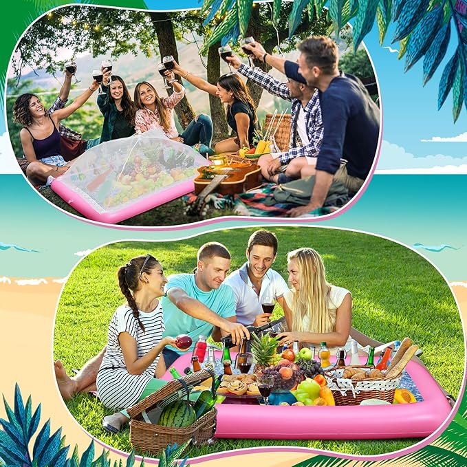 Leitee 3 Pcs Inflatable Serving Bar Kit Includes Salad Buffet Tray with Drain Plug Mesh Food Cover Food Drink Containers and Inflator for Ice Supplies Halloween Party Camping Picnic(Pink)