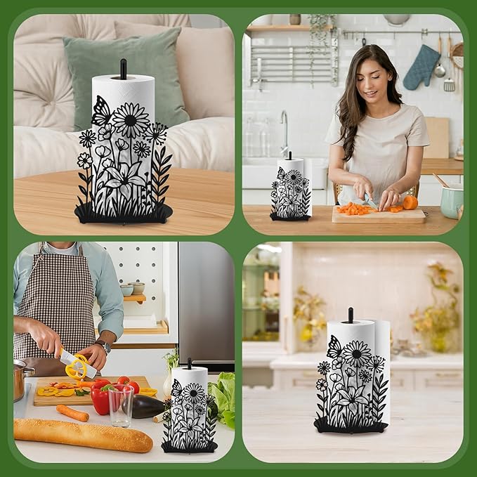 Wildflower Kitchen Countertop Paper Towel Holder Decorative Paper Towel Holder Black Metal Tissue Stand Kitchen Decor Accessories for Home Party Bathroom Countertop Dining Table
