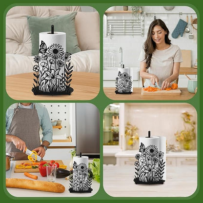 Wildflower Kitchen Countertop Paper Towel Holder Decorative Paper Towel Holder Black Metal Tissue Stand Kitchen Decor Accessories for Home Party Bathroom Countertop Dining Table