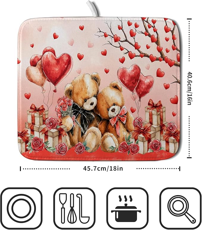 Valentines Day Dish Drying Mat Bear Lover Absorbent Kitchen Drying Mats for Countertops 18 X 16 - Image 2