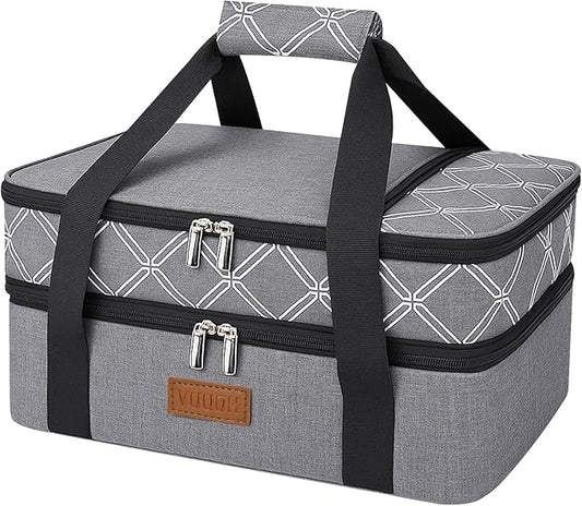 Vuudh Expandable Casserole Carrier Bag, Double Deckered Insulated Food Bag for 2 Dishes, Hot Cold Lasagna Holder Tote for Picnic, Potluck, Travel