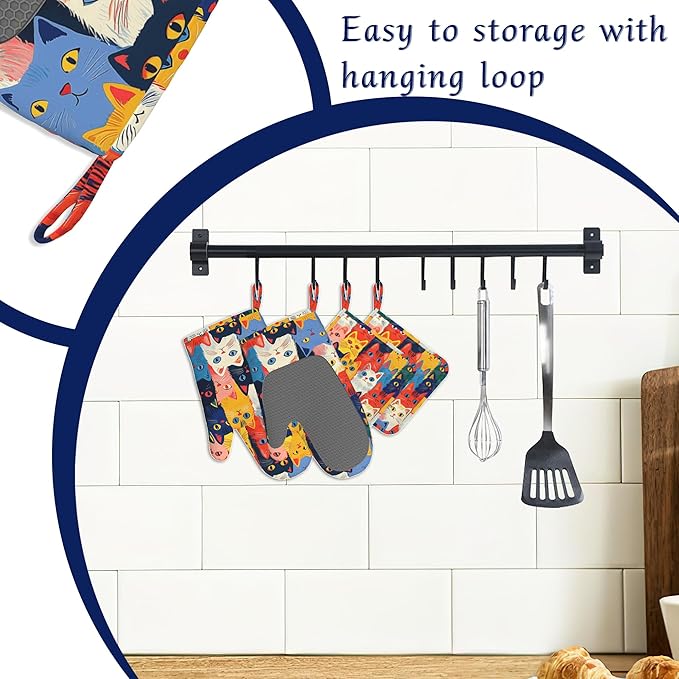 Colourful Cats Oven Mitts and Pot Holders Sets of 4 Cute Animal Heat Resistant Silicone Oven Mits Gloves Non-Slip Kitchen Mittens Potholders for Cooking Baking Grilling BBQ