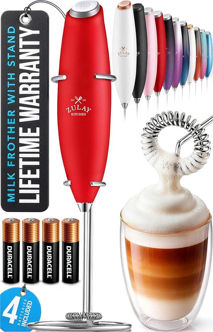 Zulay Kitchen Powerful Milk Frother Wand With 4 AA Duracell Batteries - Ultra Fast Handheld Drink Mixer - Electric Whisk Foam Maker for Coffee, Lattes, Cappuccino, Matcha & Creamer - Cardinal Red by ZulayKitchen