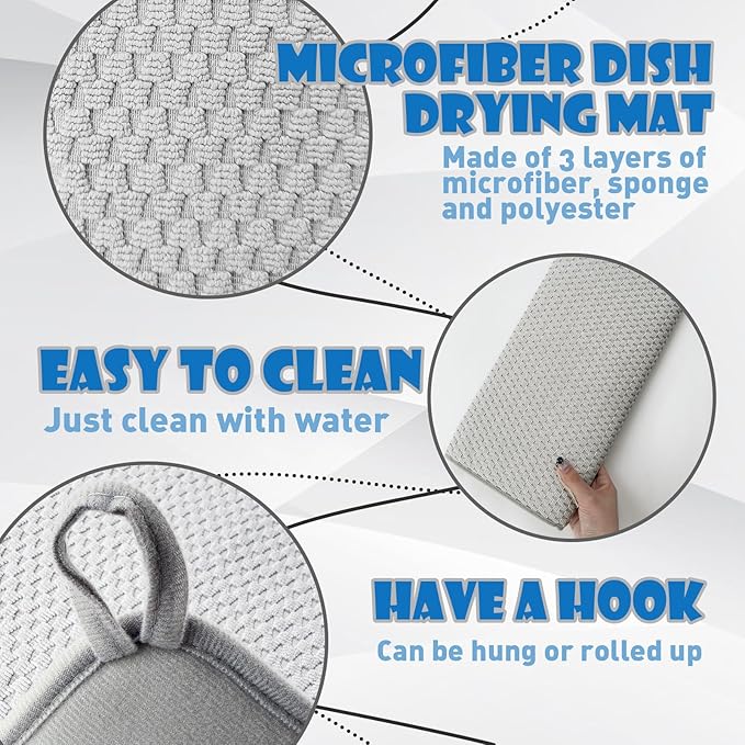 2 Pack Microfiber Dish Drying Mat,24 x 17 inch Super Absorbent Drying Pad,Large Size Dish Drying Mat for Countertops,Sinks,Draining Racks,Gray - Image 3