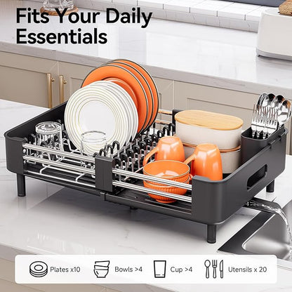 Urackify Stainless Steel Dish Drying Rack - Dish Drainer for Kitchen Counter, Extendable Drainboard with Foldable, Space-Saving Cup & Bowl Organizer, Includes Knife and Utensil Holder, Black - Image 2