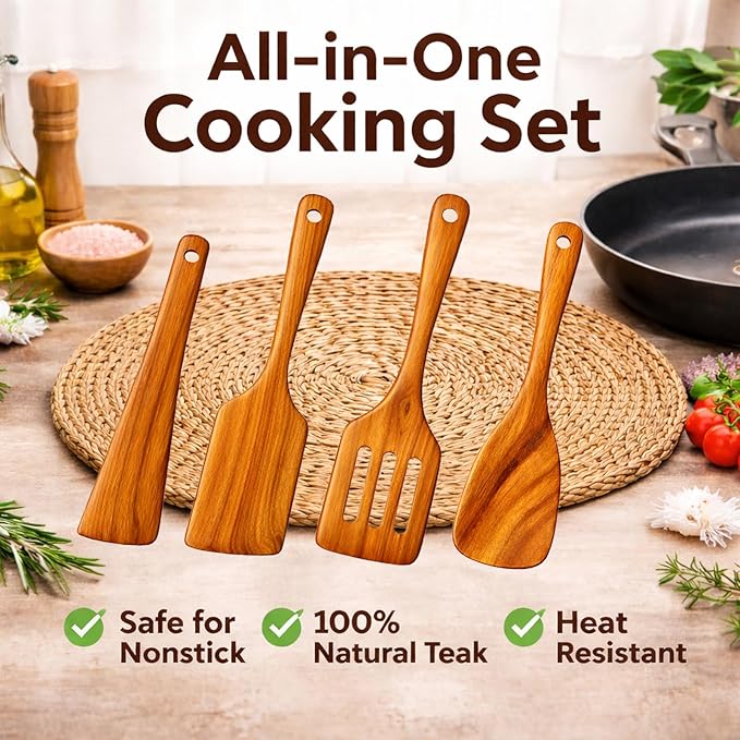Wooden Kitchen Utensil Set, 4-Piece Teak Wood Cooking Utensils for Nonstick Cookware, Spatula, Slotted Turner and Scraper, Natural Wooden Tools for Everyday Cooking