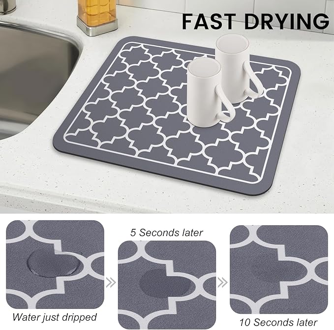 WISELIFE Dish Drying Mat Super Absorbent Drying Mat Large Dish Drying Mats for Kitchen Counter Easy Clean Dish Mat Kitchen Drying Mat15"x 18" Stylish Grey - Image 4
