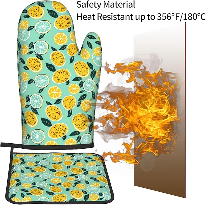Lemon Pot Holders and Oven Mitts - Summer Teal Lime Refreshing Oven Glove Hot Pads for Kitchen Chef Gifts for Cooking Lover Cooks - Image 5