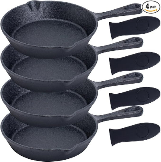 Bruntmor Cast Iron Frying Pan Set of 4-6x4 Inch Black Pre-Seasoned Skillets with Heat-Resistant Silicone - Mini Cast Iron Skillet Set for Stovetop, Oven, and Grill