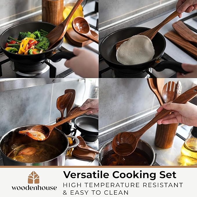 Wooden Spoons for Cooking – Wooden Cooking Utensils Set with Holder, Spoon Rest & Hooks, Teak Wood Nonstick Kitchen Cookware – Durable Set of 12pcs by Woodenhouse - Image 7