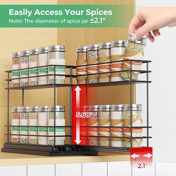 Mystozer Pull Out Spice Rack Organizer for Cabinet, Slide Out Spice Racks, Easy to Install Spice Cabinet Organizers, 5.28" Wx10.43 Dx8.26 H, 2 Drawers 2 Tiers(Black) - Image 6