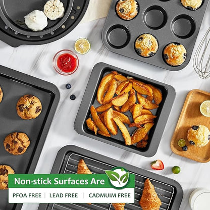 HONGBAKE Bakeware Sets, Baking Pans Set with Reusable Silicone Sheet Trays Dividers, Nonstick Oven Pan with Wider Grips, 14-Piece Including Rack, Cookie Sheet, Cake, Loaf, Muffin, Pizza Pan - Image 6