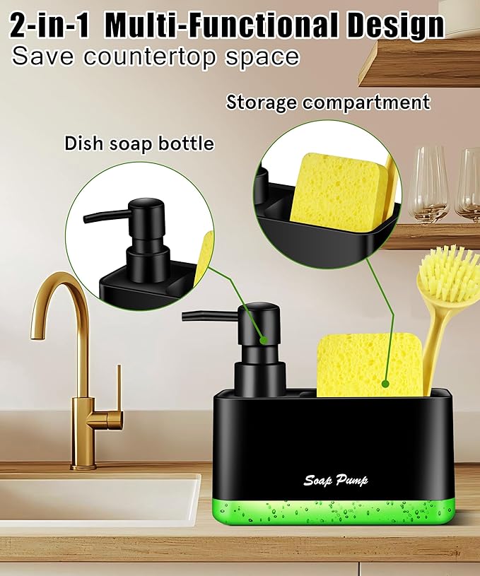 Dish Soap Dispenser with Sponge Holder, 2-in-1 Countertop Small Soap Dispenser for Kitchen and Bathroom, Multi-Scene for Dish Soap, Hand Soap, Lotion, Body Wash (Black) - Image 5